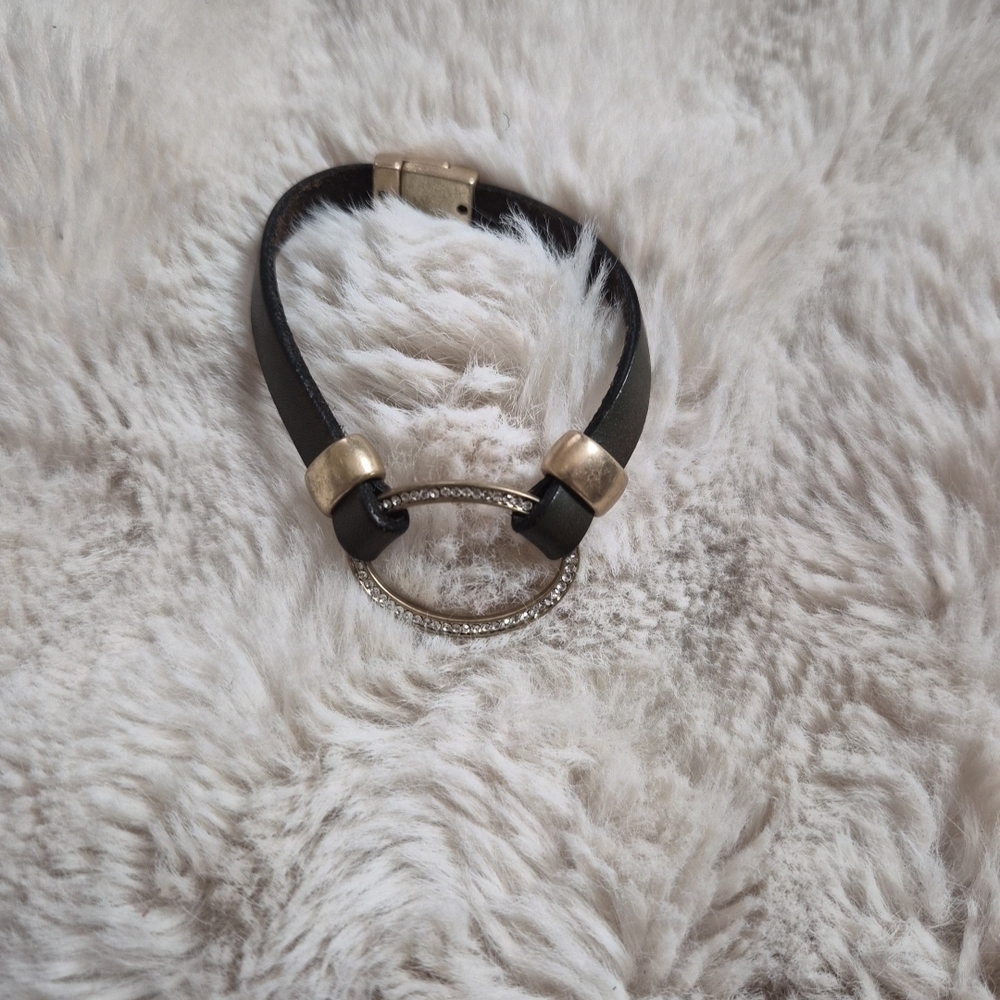 Leather Bracelet with Oval Rhinestone Pendant Accent Brown Boho Glam Bohemian ✨️